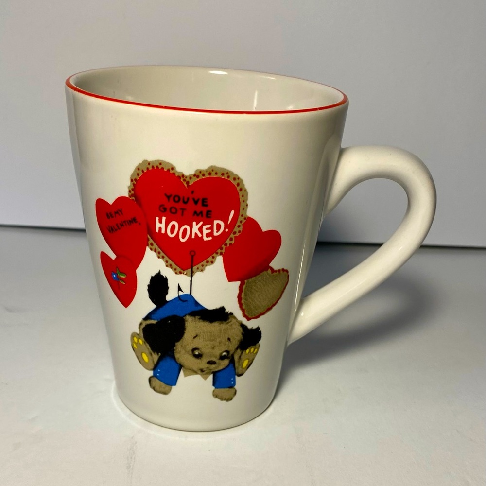 Rosanna Retro Valentine Card Coffee Mug “You’ve Got Me Hooked” “Be My Valentine”